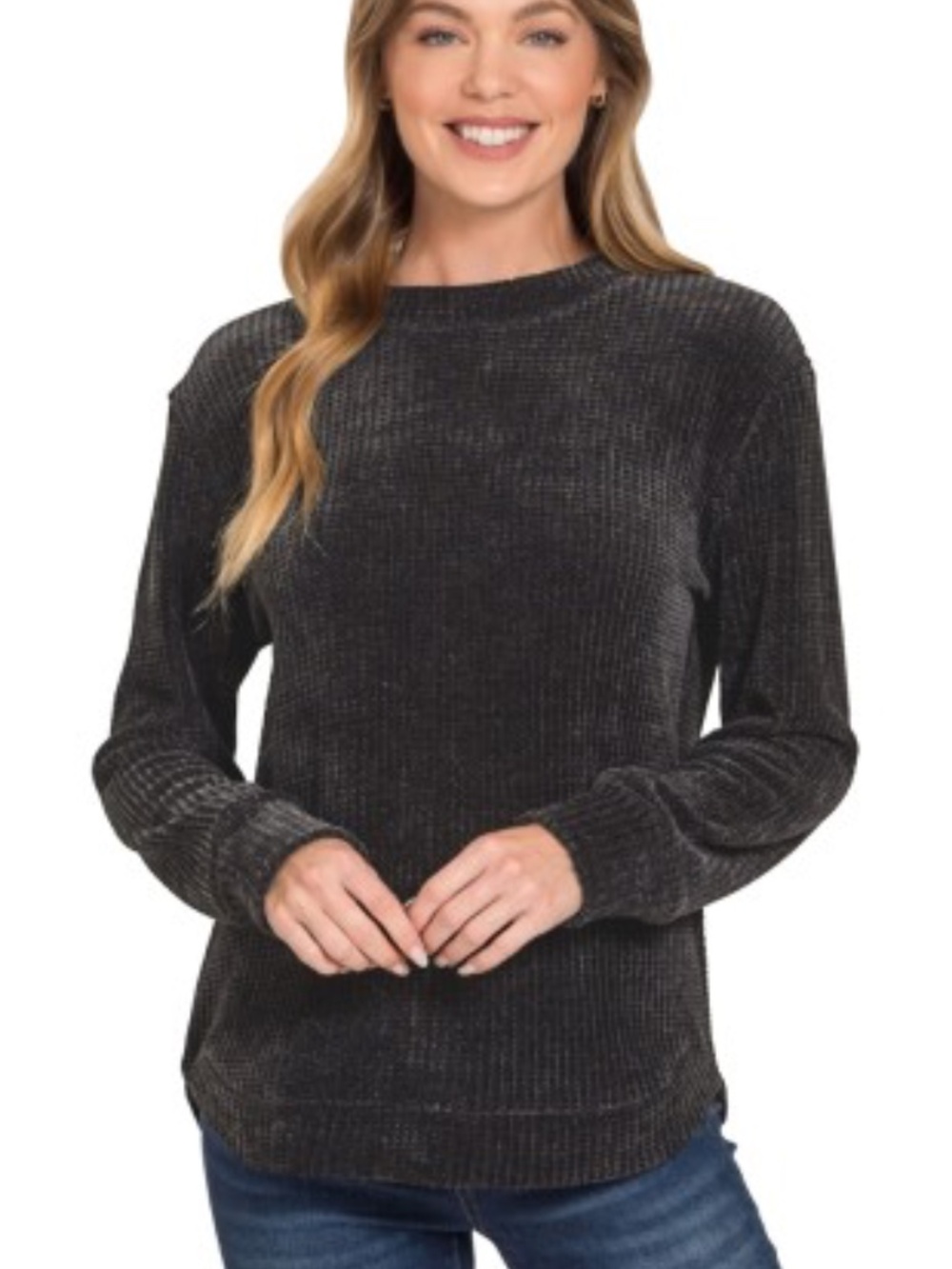 982. BLACK WOMEN'S Chenille Waffle Round Neck Sweater